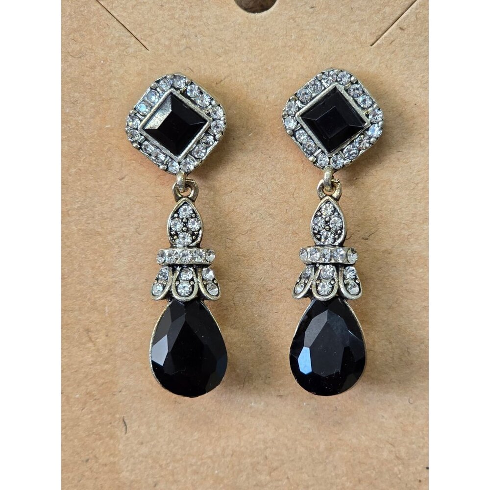 Vintage Black & Crystal Rhinestone Drop Earrings Teardrop Dangle - Picture 2 of 5